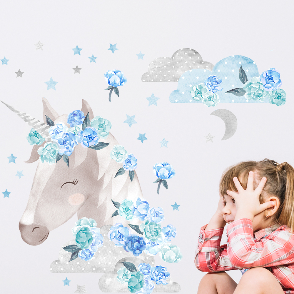 Wand dekoriert mit blauem Einhorn Wandsticker