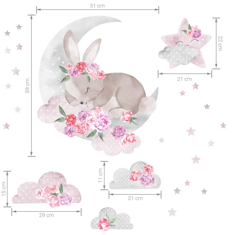 Größenabmessung schlafender Hase rosafarbenes Wandtattoo