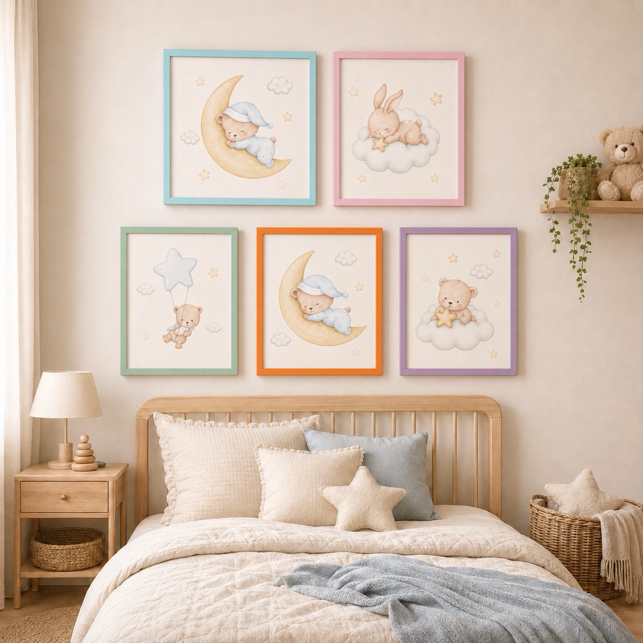 Bunte Bilderwand aus Kinderbilderrahmen über einem Kinderbett