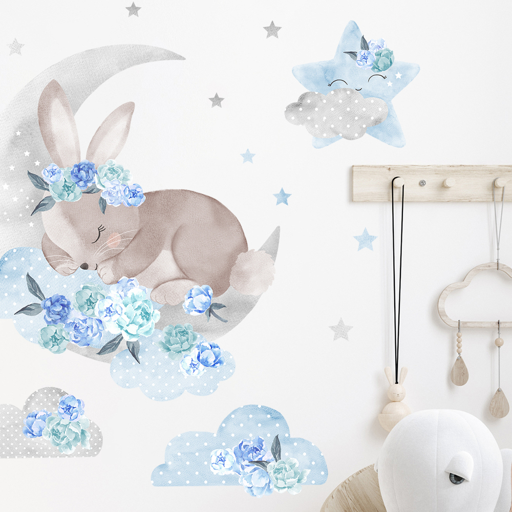 Wandaufkleber Motiv schlafender Hase blau