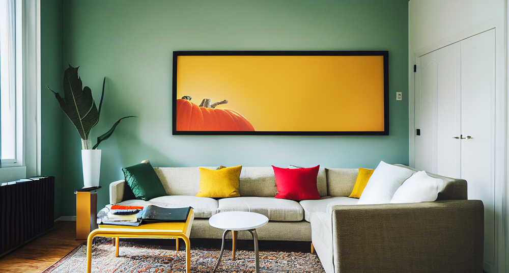 Langer Bilderrahmen im Wohnzimmer Breiter Bilderrahmen mit einem farbigen Bild