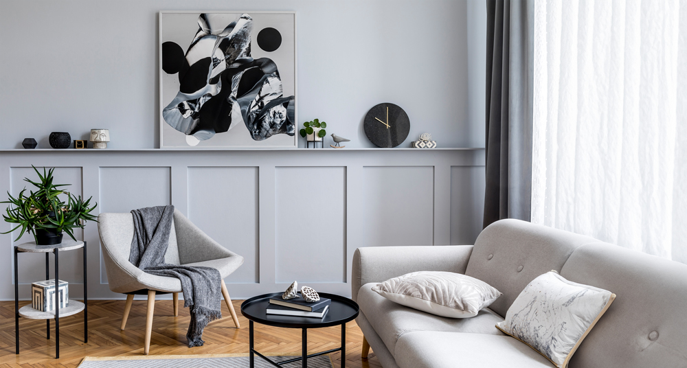 Grauer Bilderrahmen aus Kunststoff Kunststoffbilderrahmen in einem schönen Wohnzimmer
