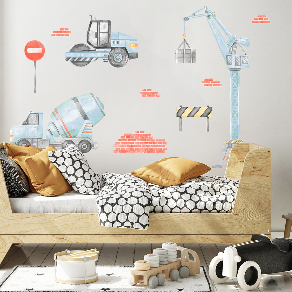 Wand dekoriert mit blauem Baustellen-Set I Wandsticker