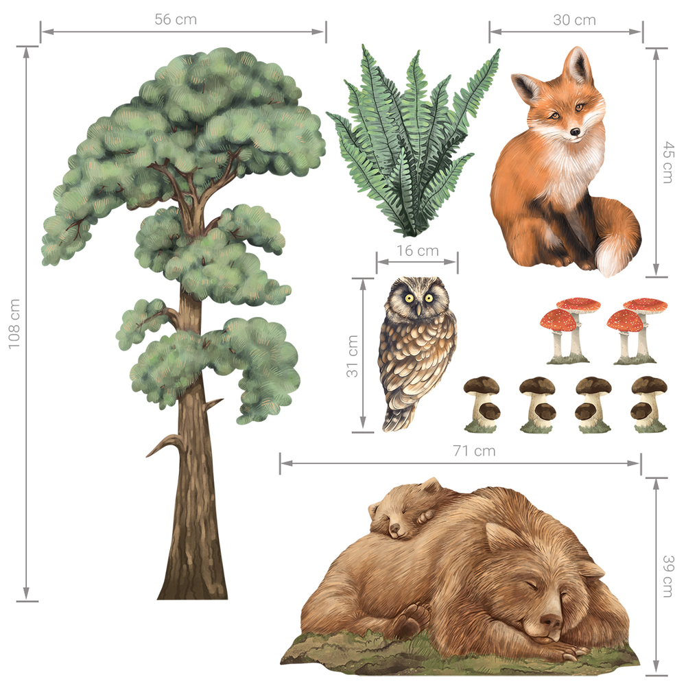 Größenabmessung Waldtiere Wandtattoo 