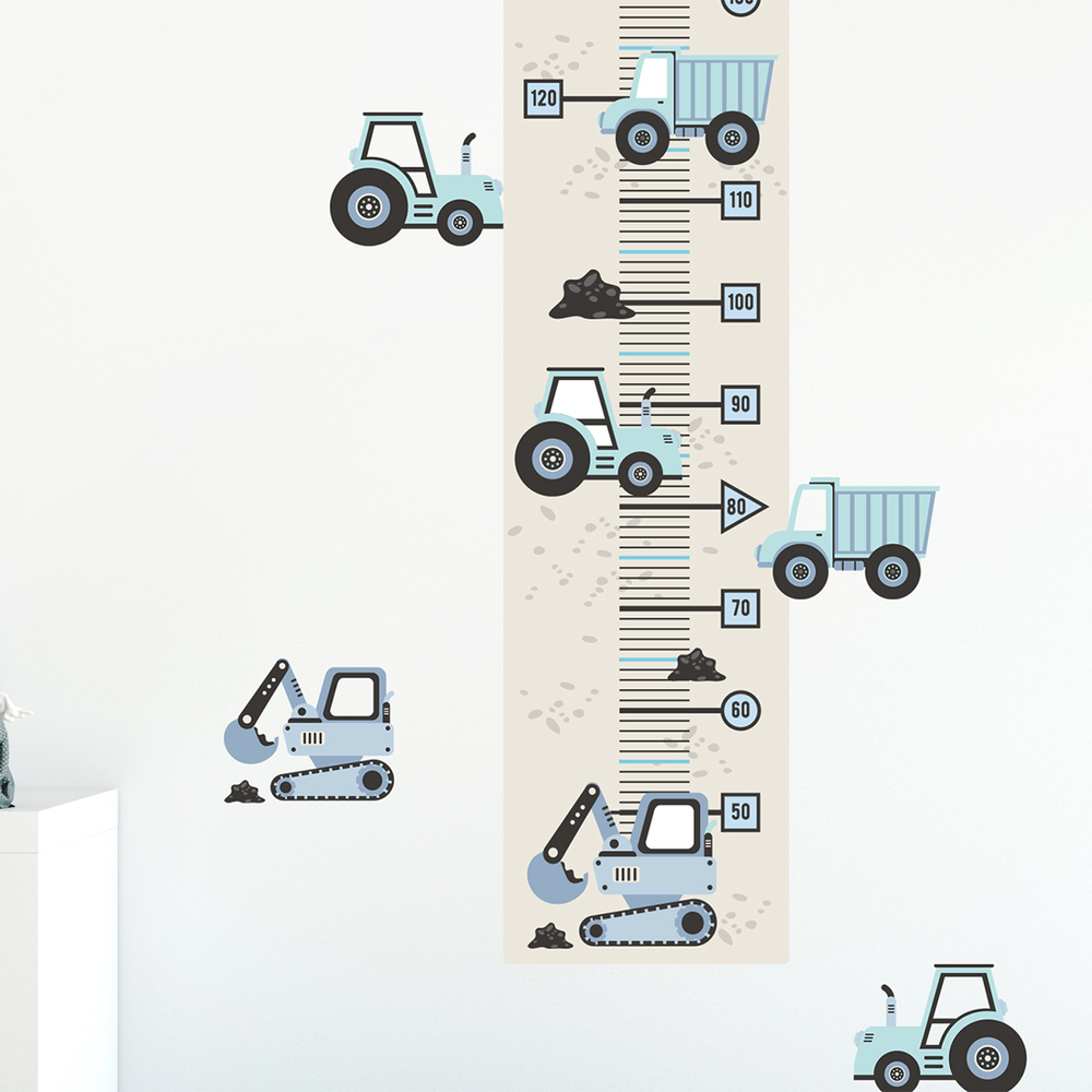 Wandaufkleber Motiv blaue Baufahrzeuge Kindermesslatte