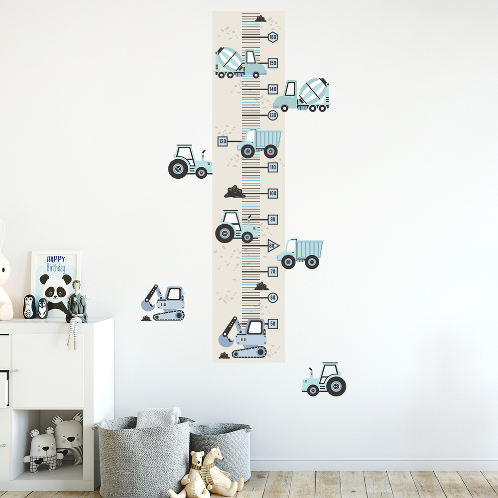 blaue Baufahrzeuge Kindermesslatte Wandtattoo an Kinderzimmerwand