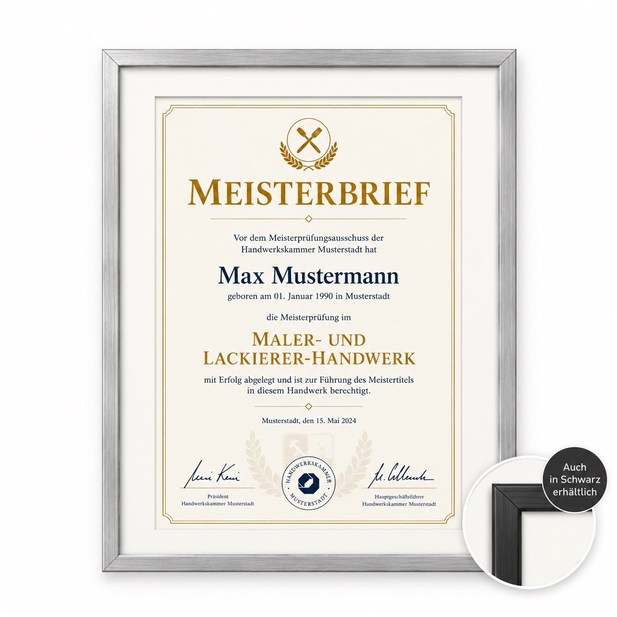 Meisterbrief im silbernen Aluminium-Bilderrahmen H247 mit weißem Passepartout