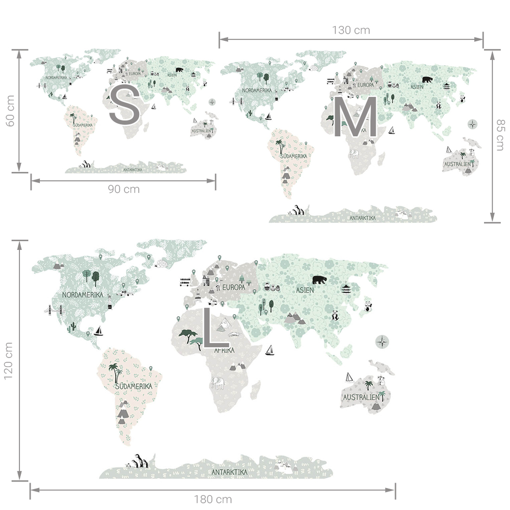 Größenabmessung beschriftetes Tropensand Weltkarten Wandtattoo