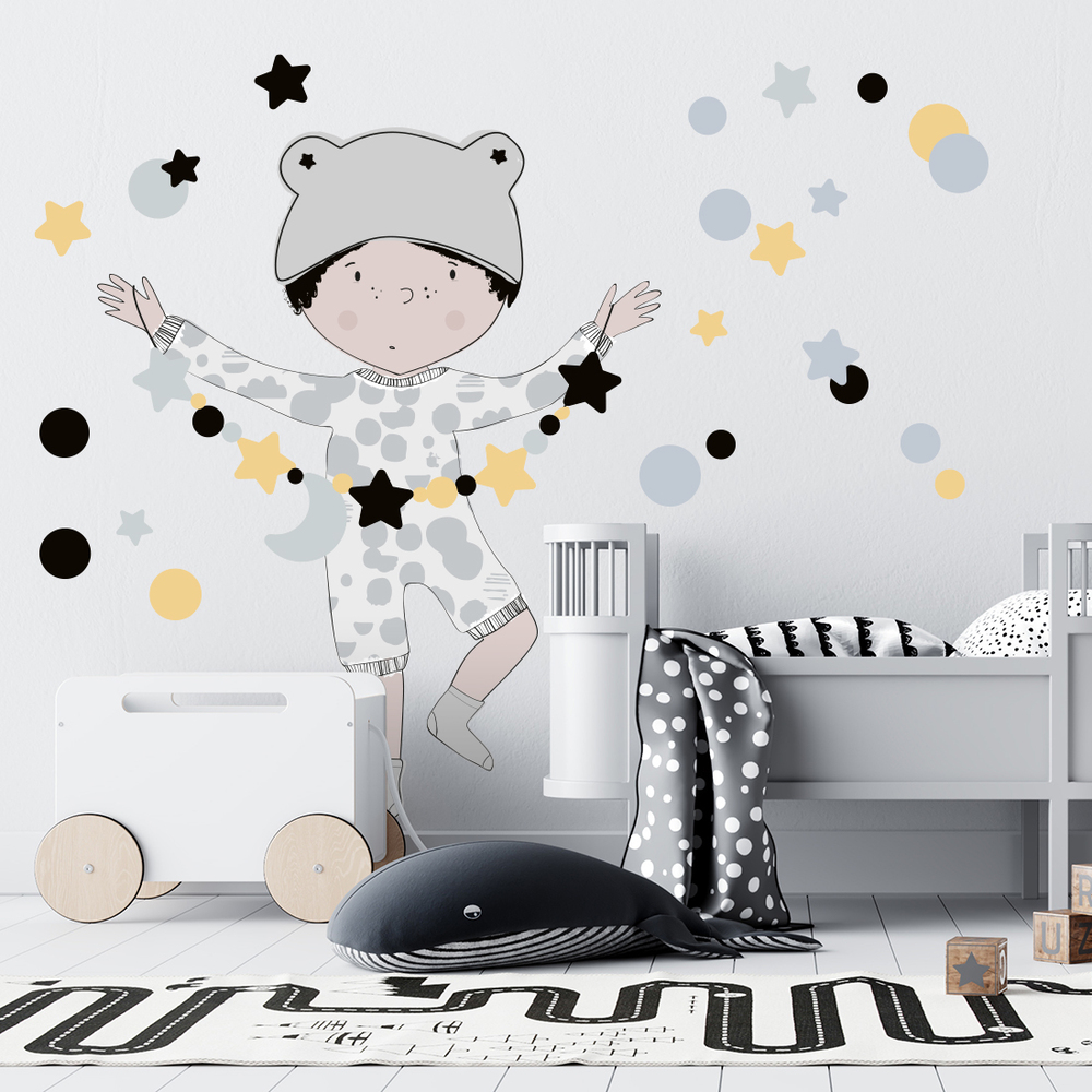 Wand dekoriert mit grauem Teo Wandsticker