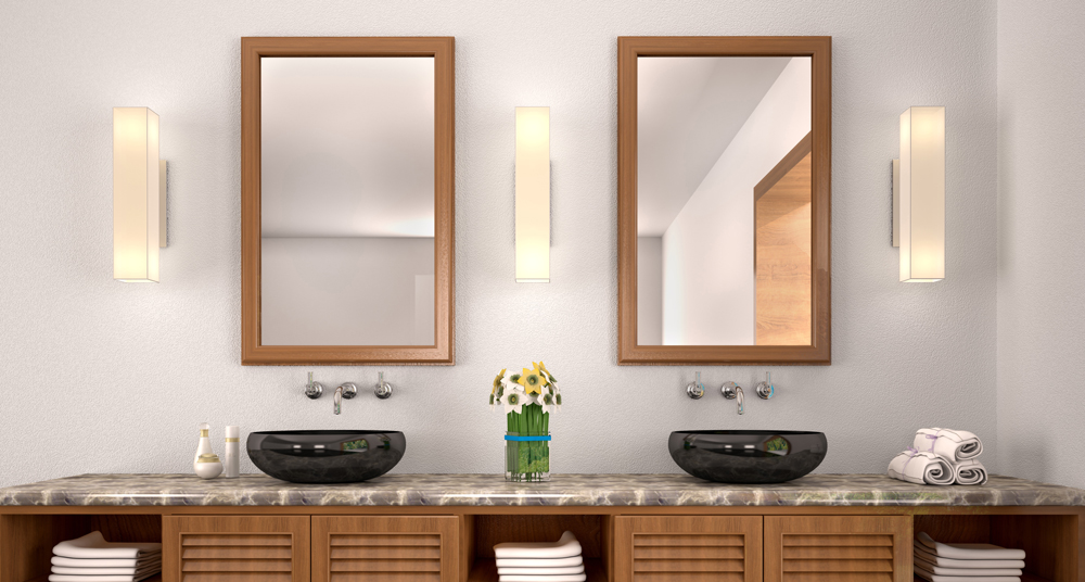 Wandspiegel aus Holz Zwei Wandspiegel aus Holz in einem Badezimmer