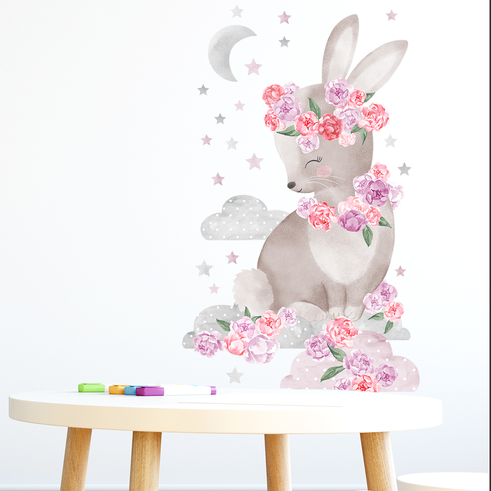 rosafarbenes Hase Wandtattoo über Tisch