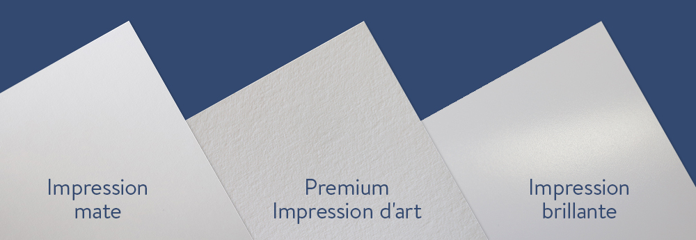 “Vue comparative de différents papiers d’impression d'images” “Exemples d'impression d'images en qualité mate, brillante et professionnelle”
