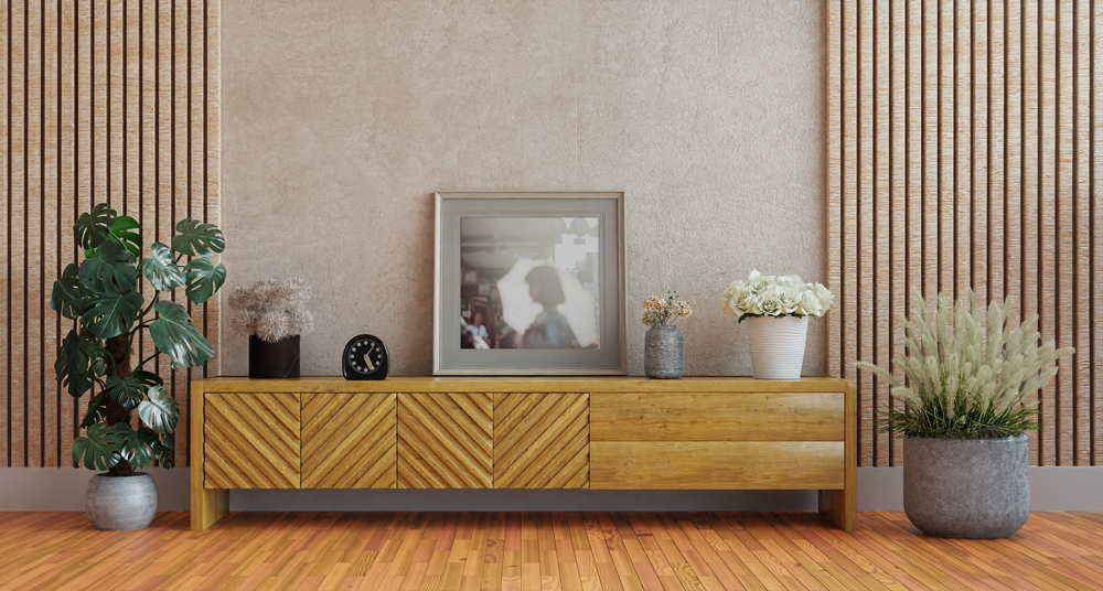 Moderne Inneneinrichtung der Rahmen Quadratischer Rahmen steht auf einer modernen Wohnzimmer-Sidebar