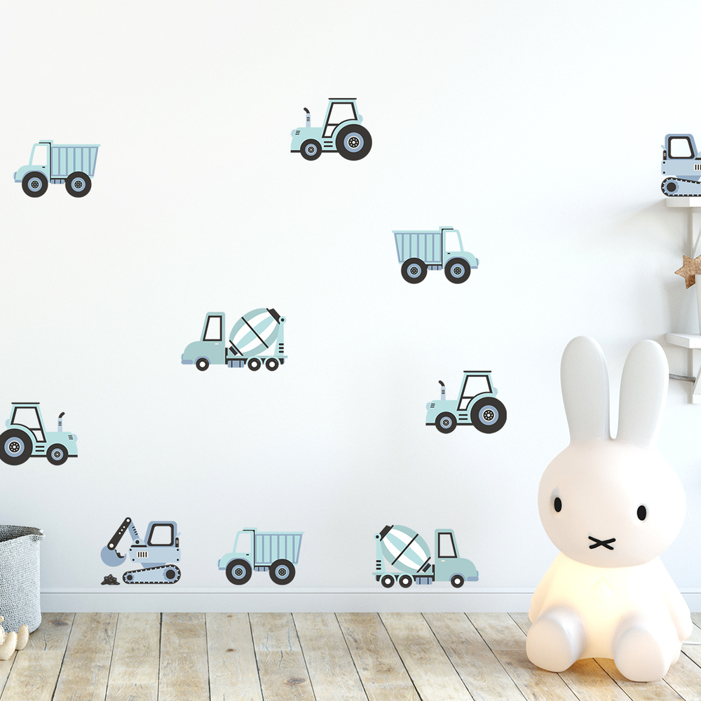 Kinderzimmer dekoriert mit blauen Baufahrzeug Stickern