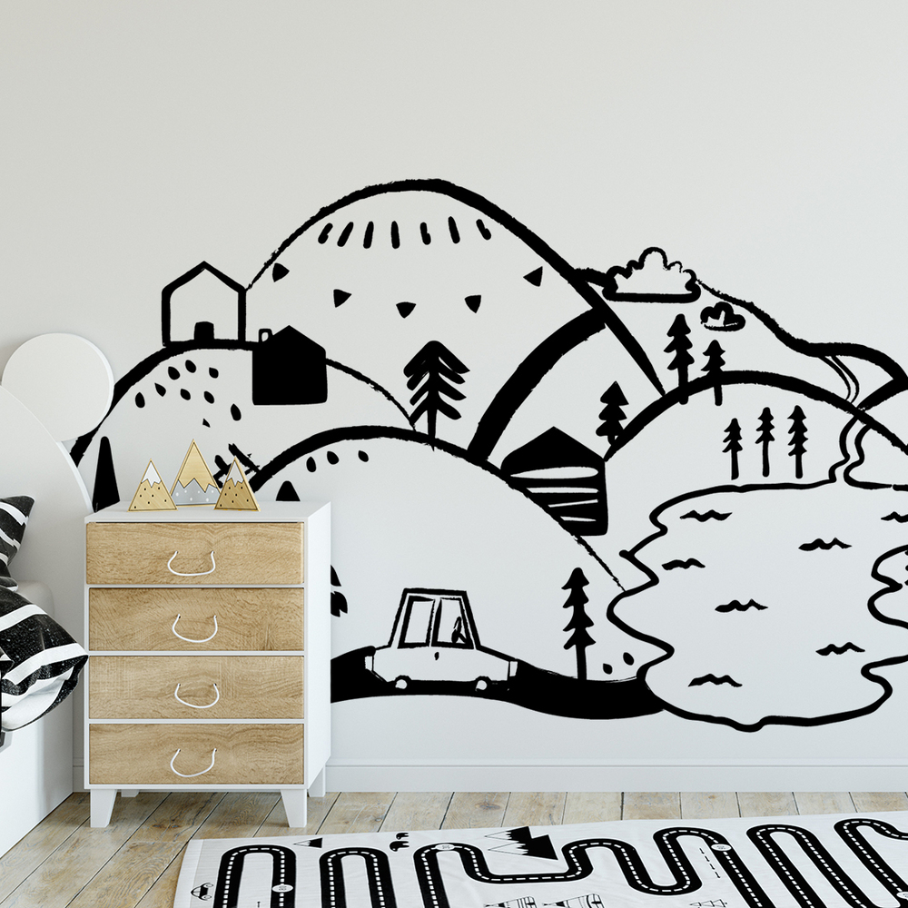 Kinderzimmer dekoriert mit schwarzem Berge Sticker