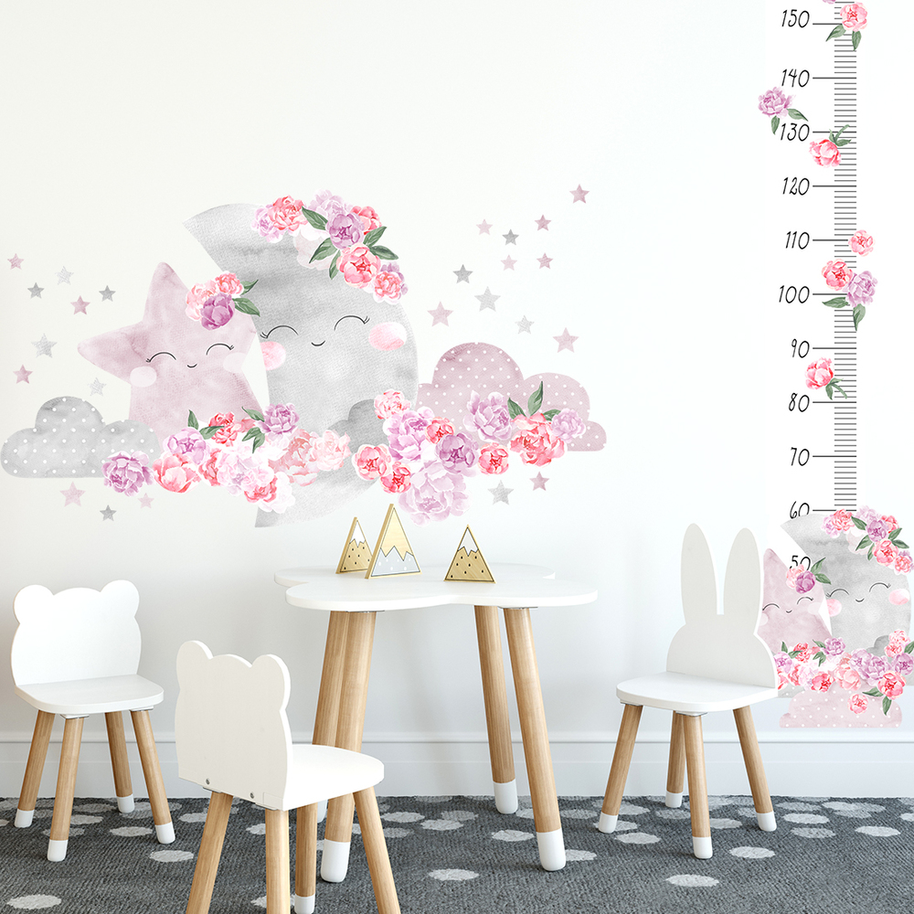 Wandaufkleber Motiv Kindermesslatte pinker Mond
