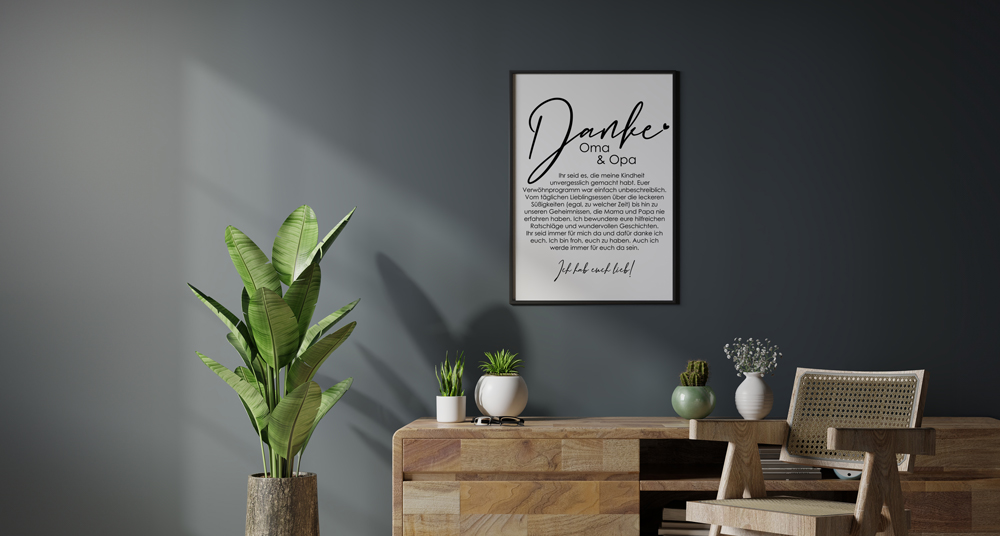 Schwarzes Sprüche-Poster Modernes Wohnzimmer mit einem Sprüche-Poster