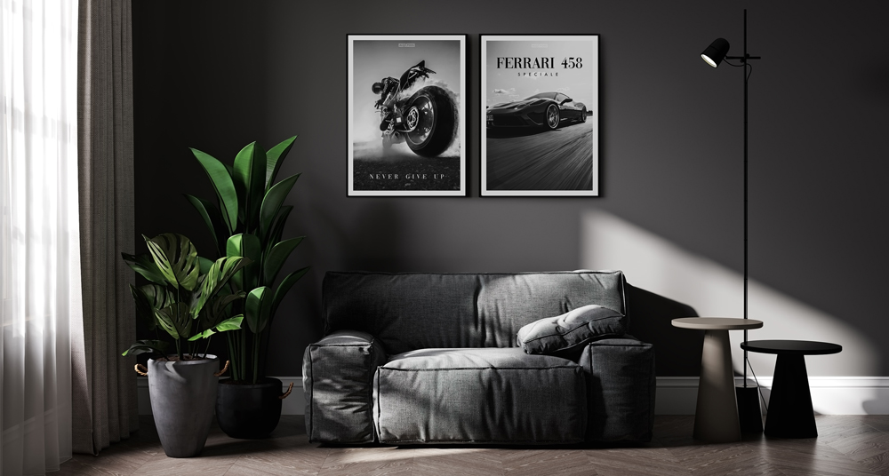 Schwarz-Weiß Poster Modern Wohnzimmer mit Postern an der Wand