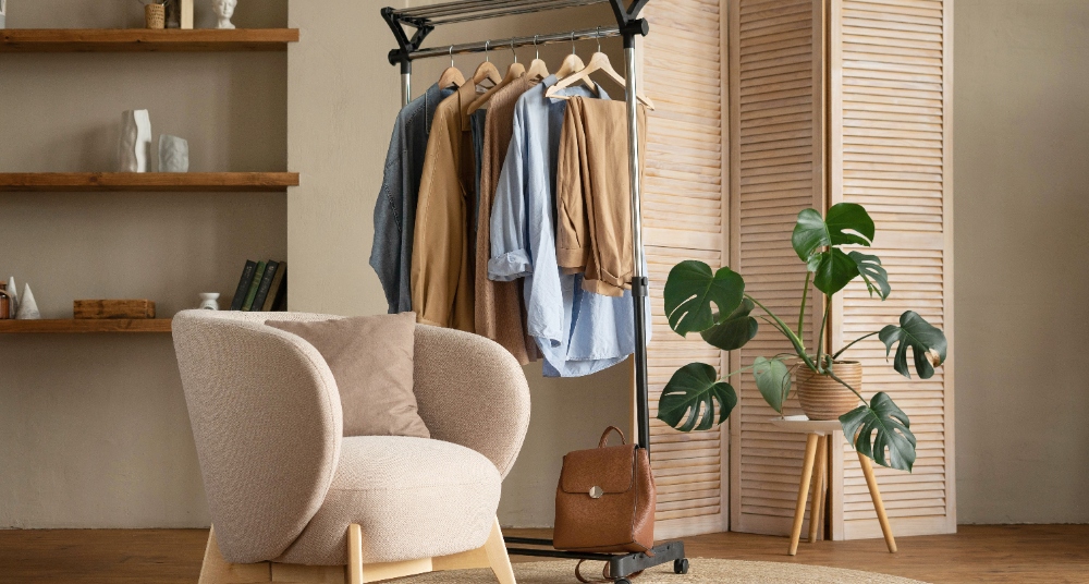 Eine Garderobe in beige mit einem Sessel