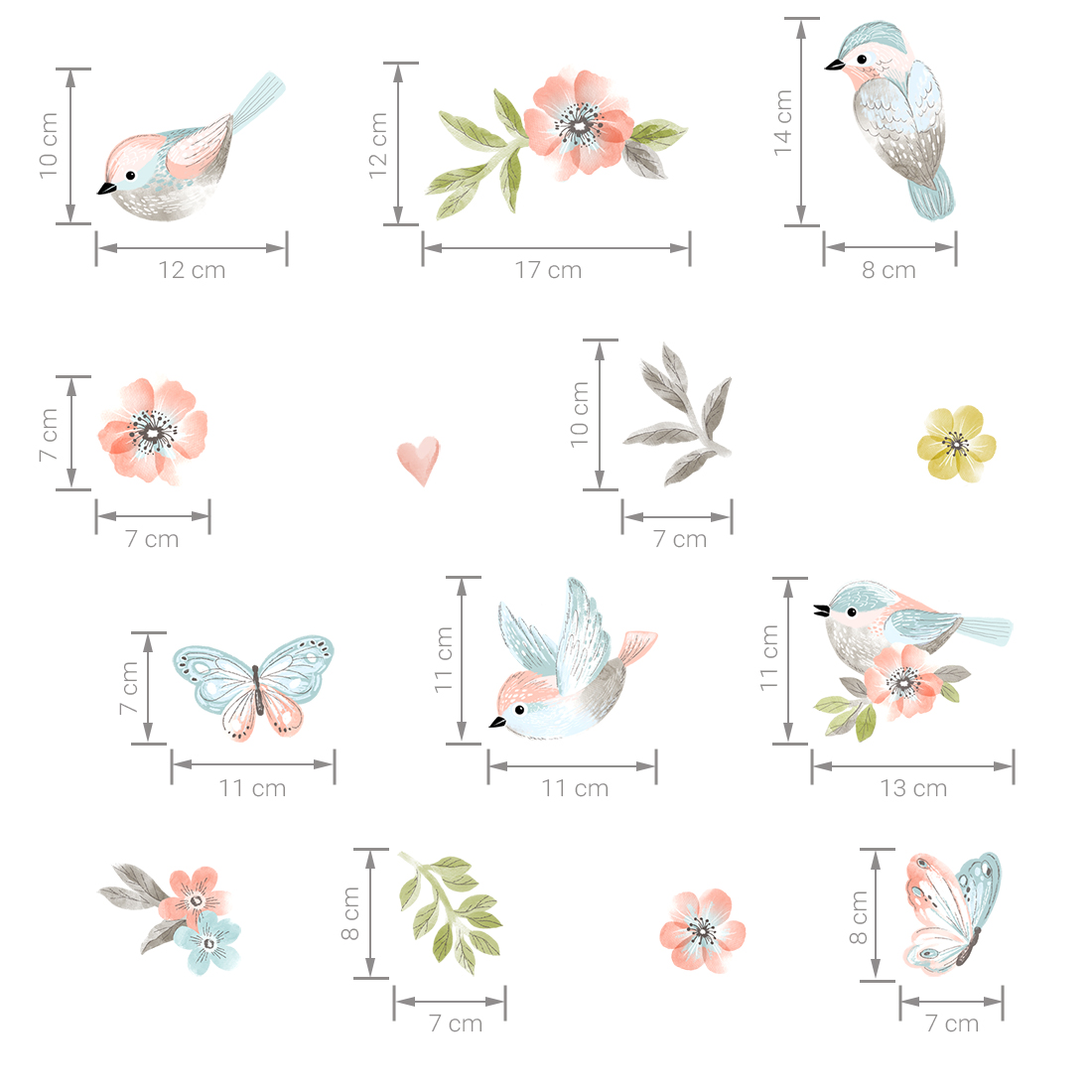 Größenabmessung braune Vögel Wandtattoo