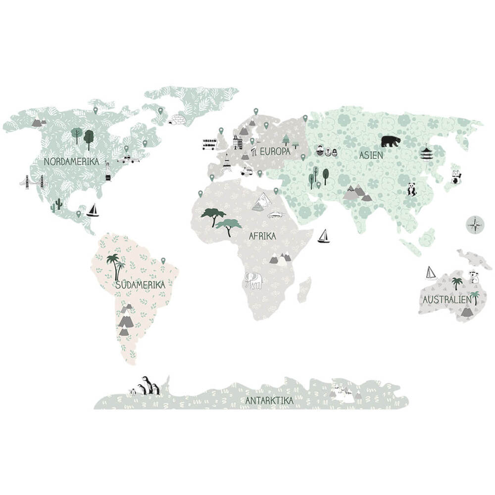 Wandtattoo einer beschrifteten Tropensand Weltkarte