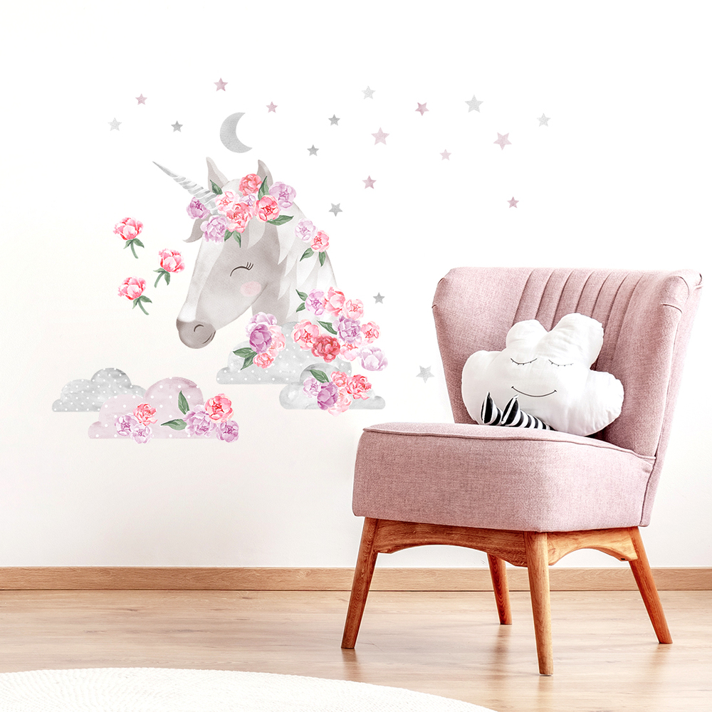 Wand dekoriert mit rosafarbenem Einhorn Wandsticker