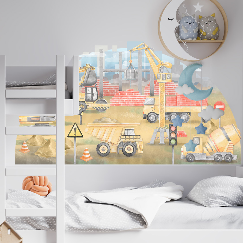 gelbe Baustelle Wandtattoo über Bett