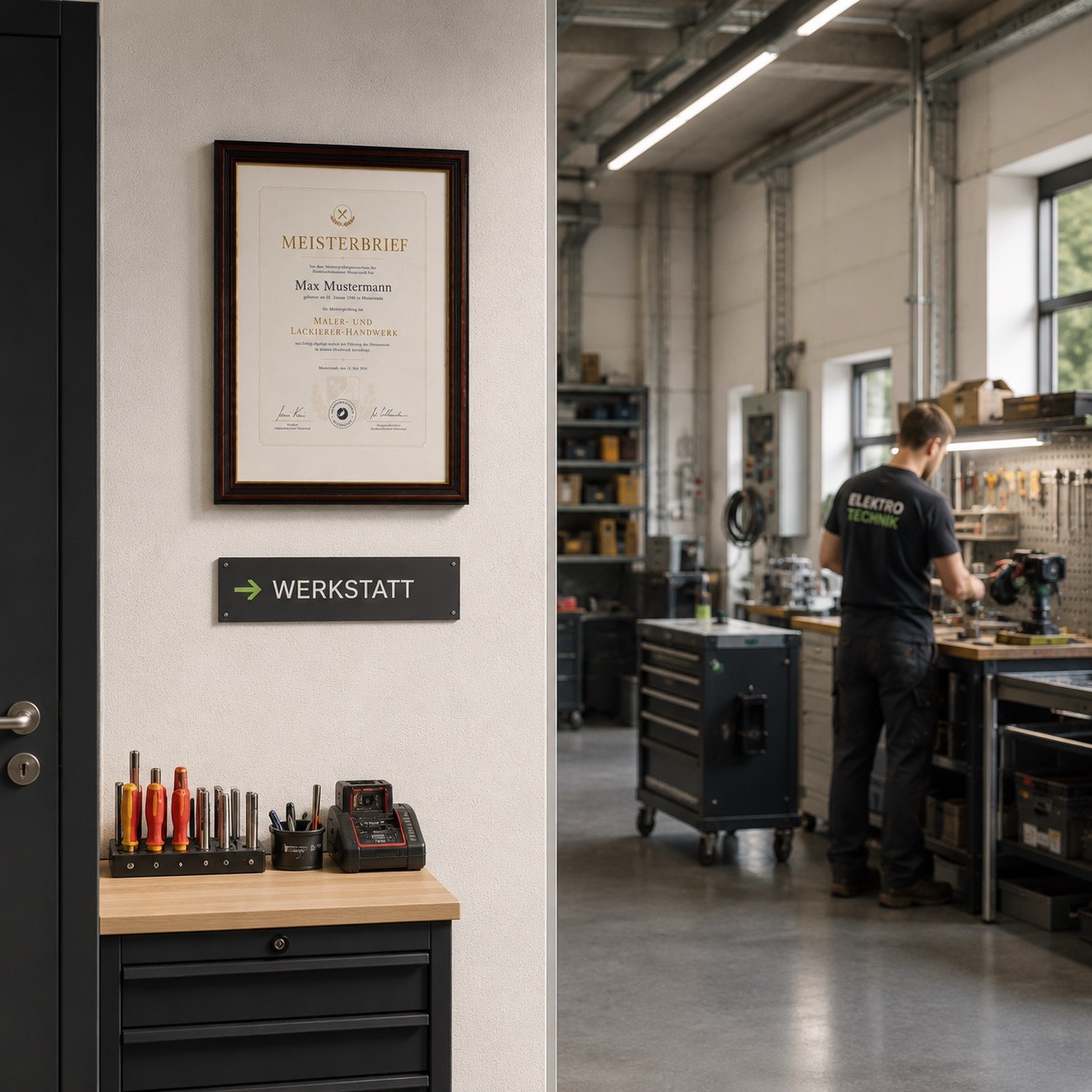 Gerahmter Meisterbrief H015 Braun am Eingang zur Werkstatt eines Handwerksbetriebs