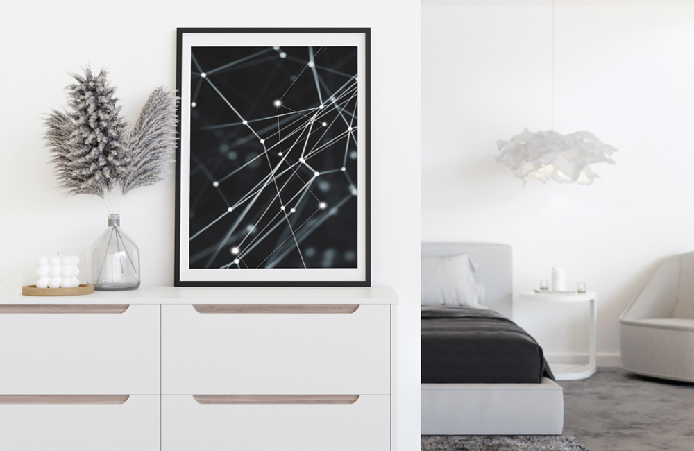 moderne Einrichtung mit Bilderrahmen Schwarz schwarzes Poster in weißem Raum