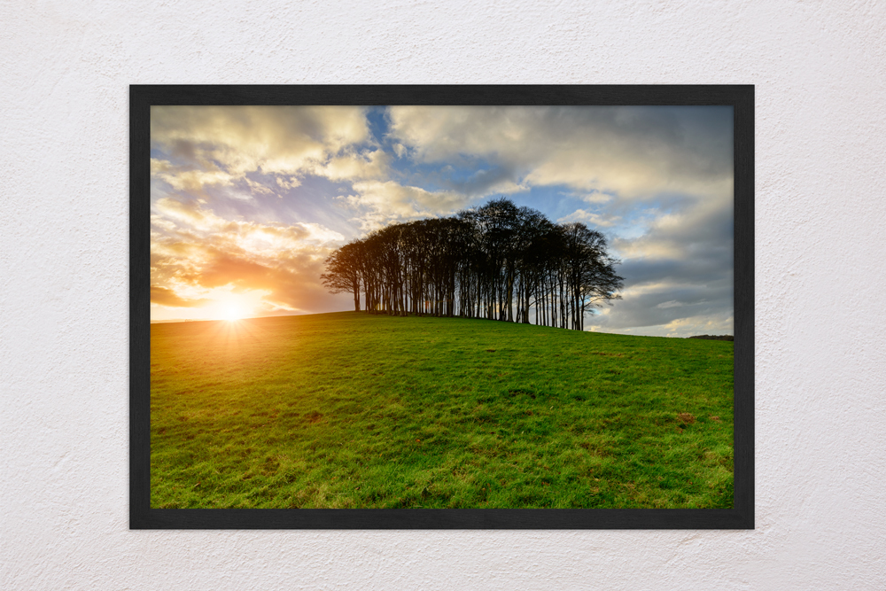 Landschaftsfoto im Bilderrahmen In einem schwarzen Bilderrahmen ist ein Landschaftsfoto