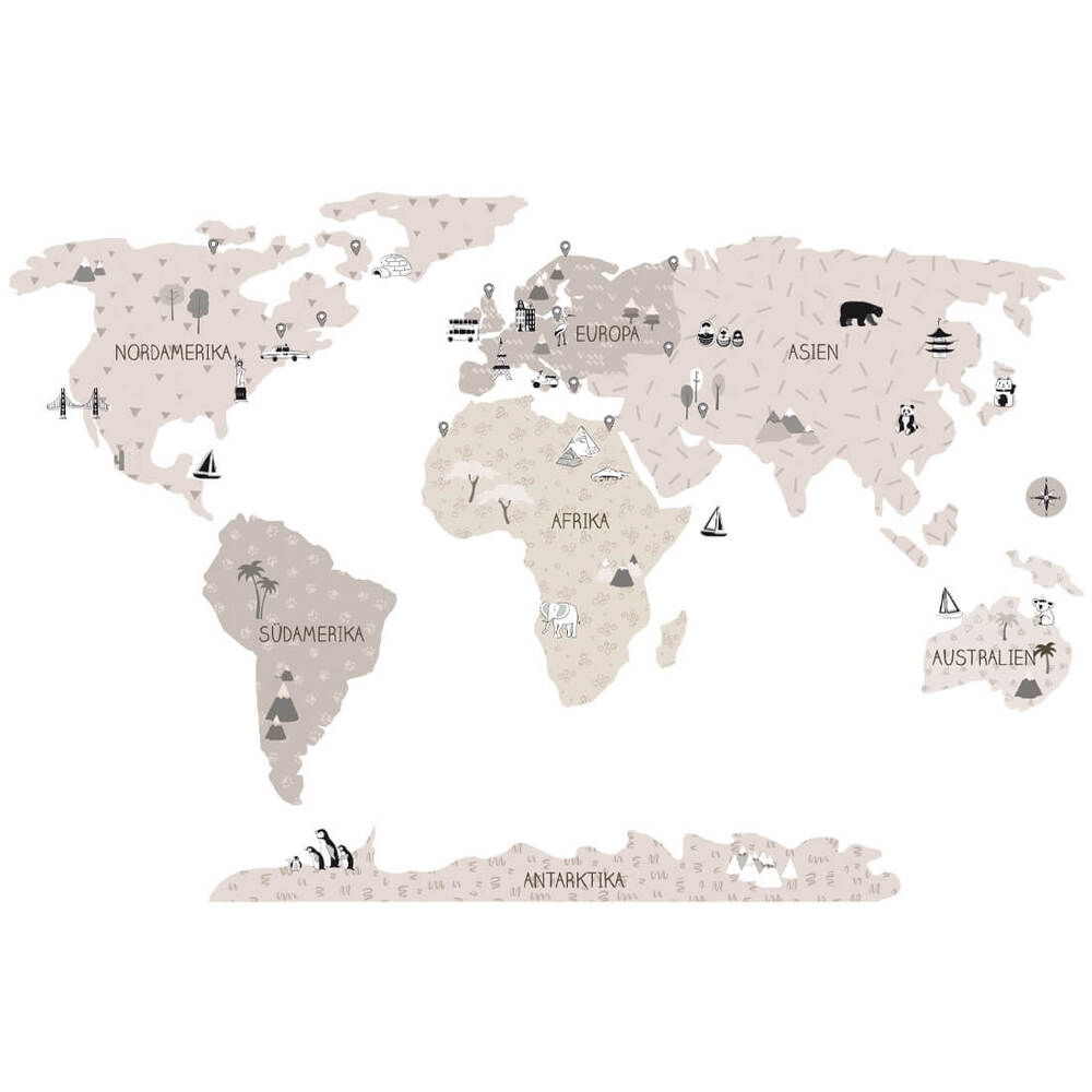 Wandtattoo | beigefarbene Weltkarte, Deutsch