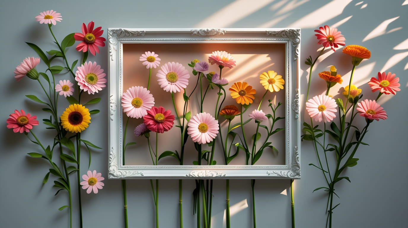 Ein Bilderrahmen mit Kunstblumen als Deko