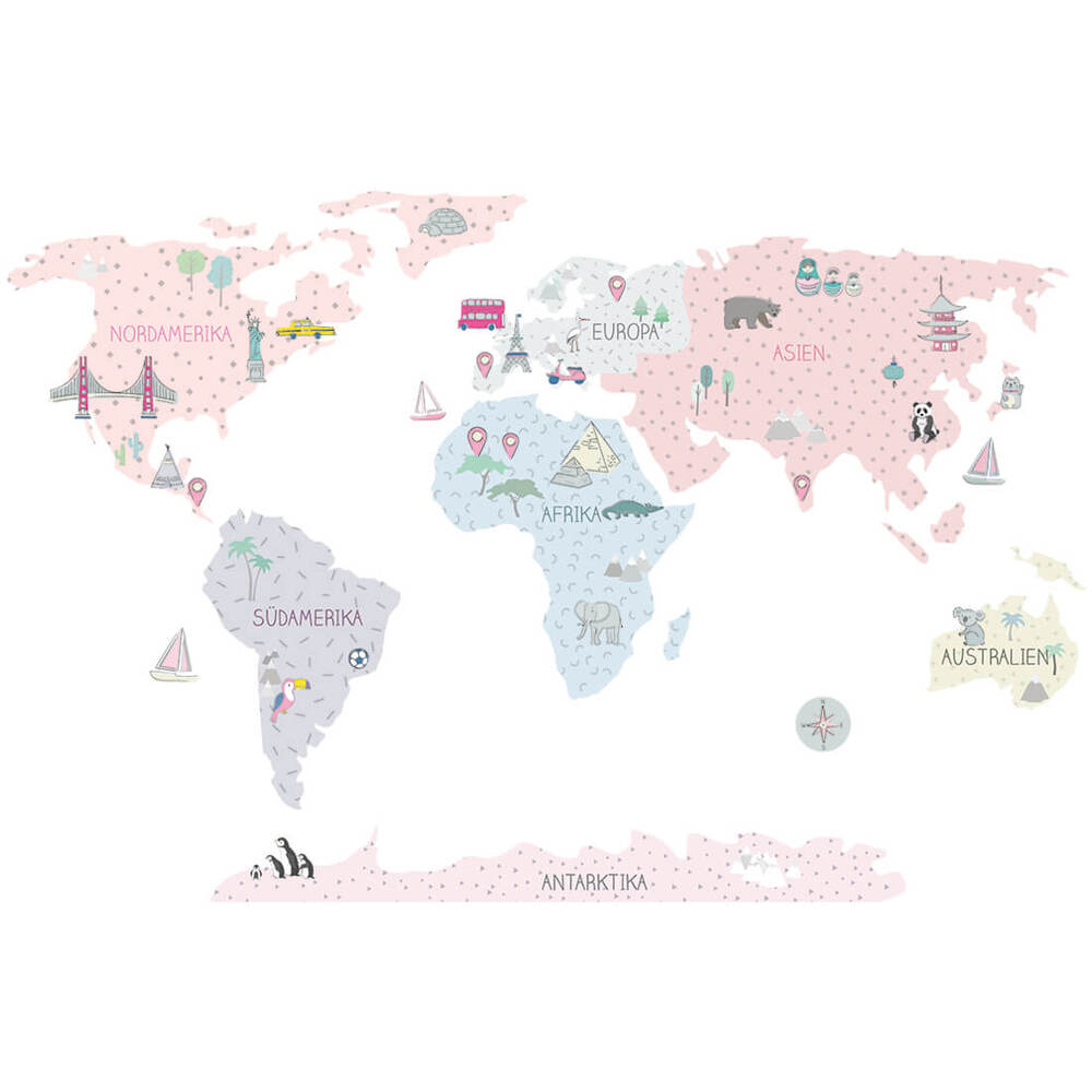 beschriftete pinke Weltkarte Wandtattoo Wandtattoo einer beschrifteten pinken Weltkarte