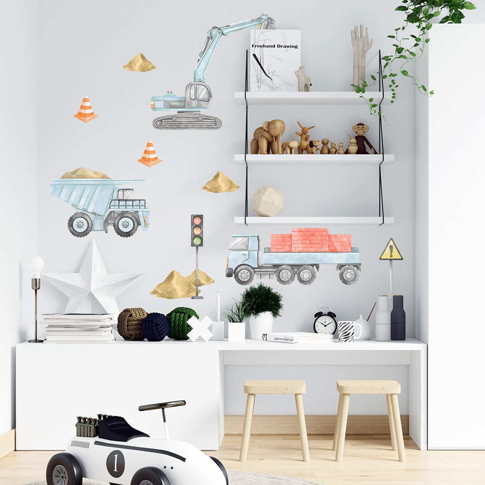 Kinderzimmer dekoriert mit blauem Baustellen-Set II Sticker