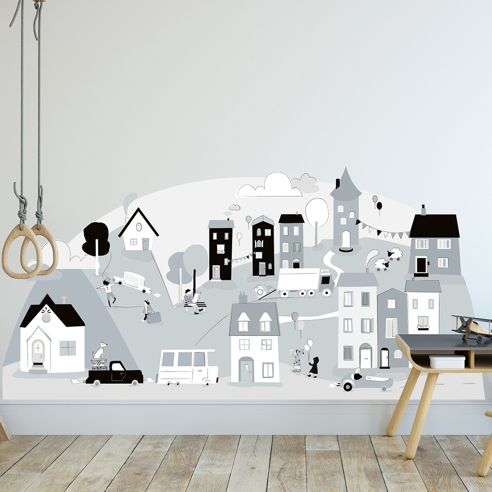 graues Kleinstadt Wandtattoo an Kinderzimmerwand