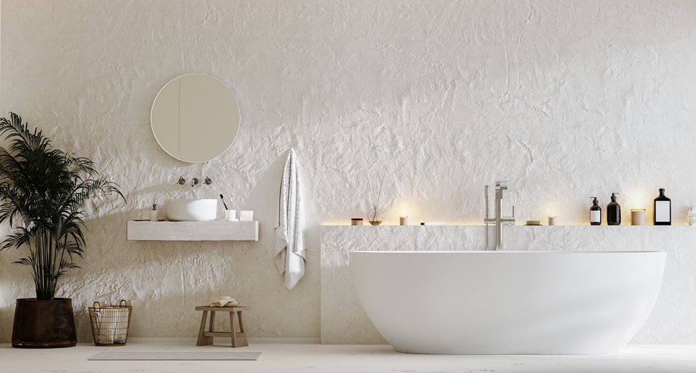 Badezimmer runder Spiegel Badezimmer mit einer großen Wanne und Spiegel