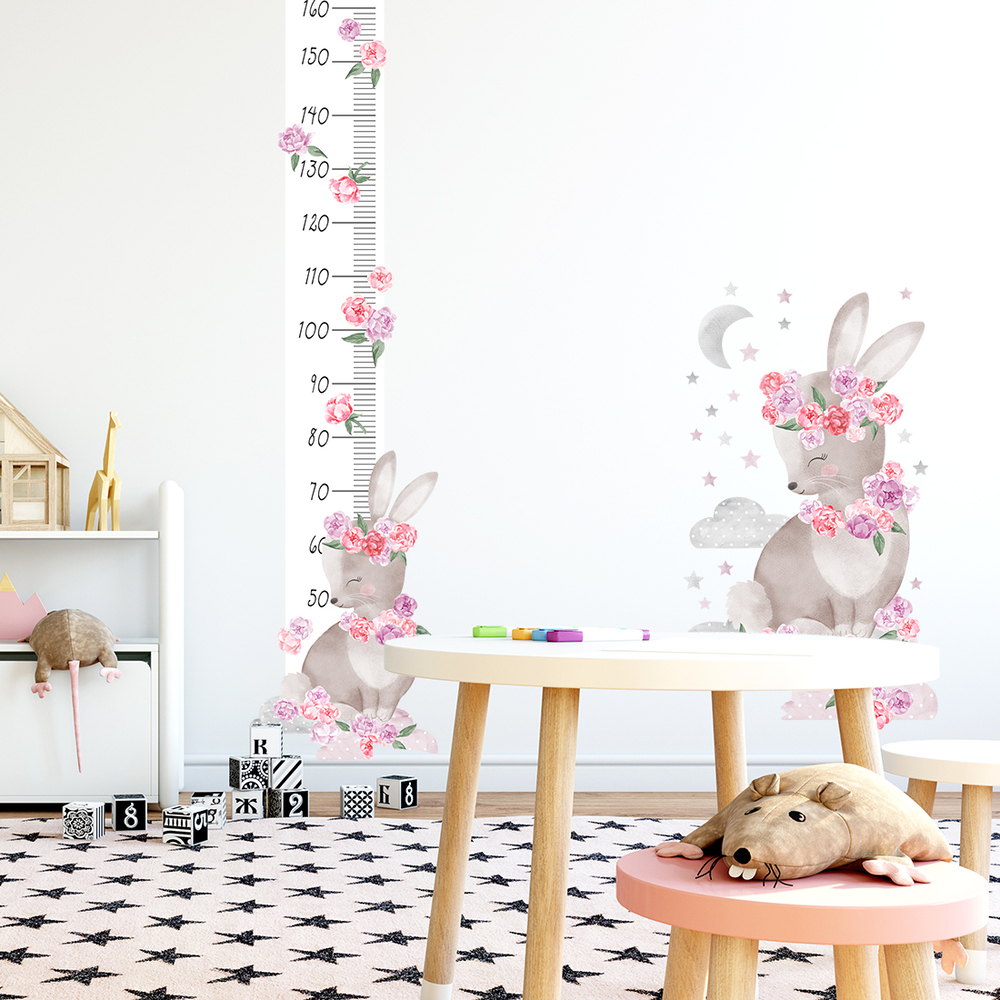 Wandaufkleber Motiv rosafarbene Hasen Kindermesslatte