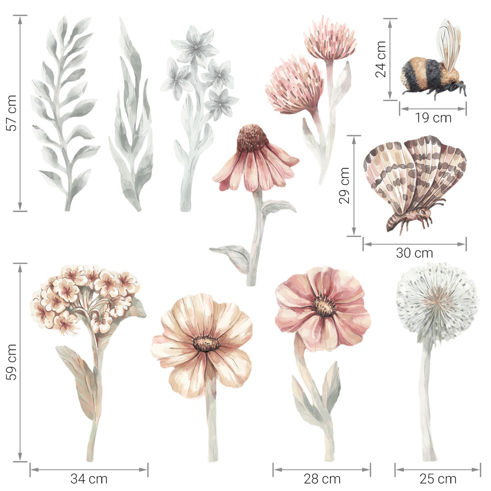 Größenabmessung Wildblumen-Set I Wandtattoo