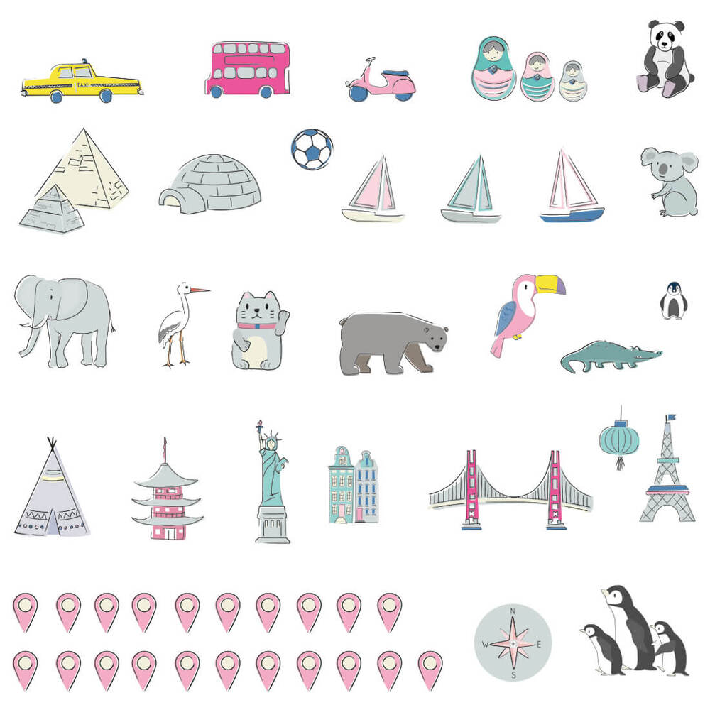 Zubehör Pink Weltkarte Wandsticker beschriftet Wandtattoo "Weltkarte Pink, beschriftet" Zubehör