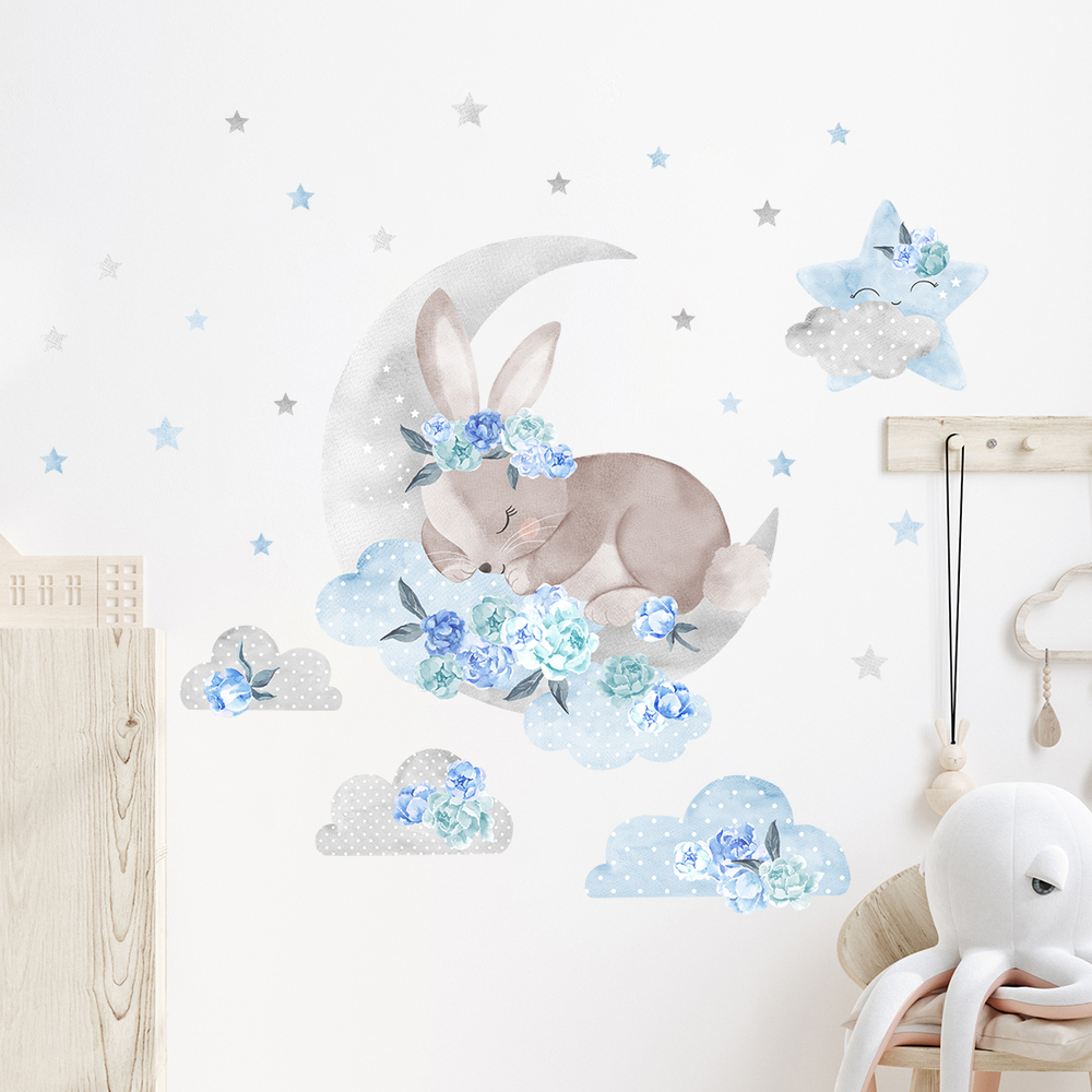 Kinderzimmer dekoriert mit blauem schlafender Hase Sticker