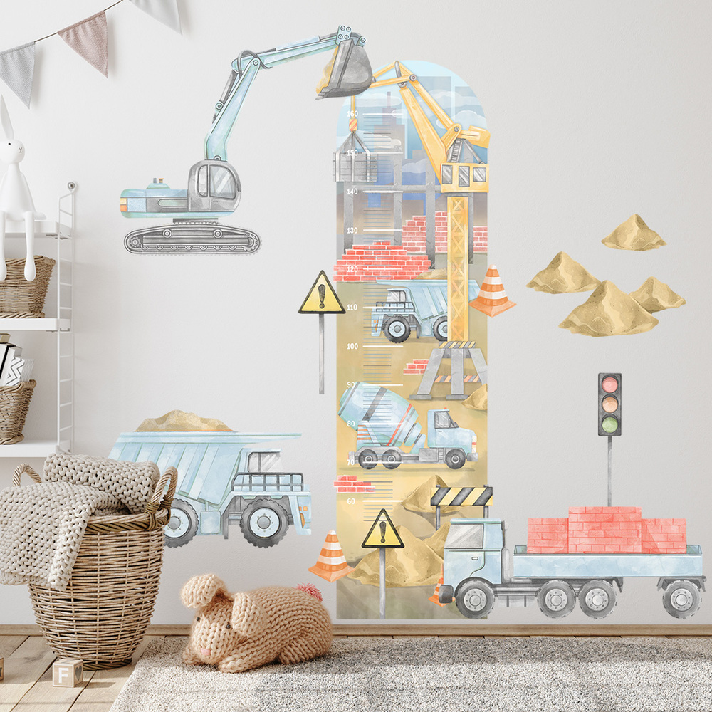 blaue Baustelle Kindermesslatte Wandtattoo an Kinderzimmerwand