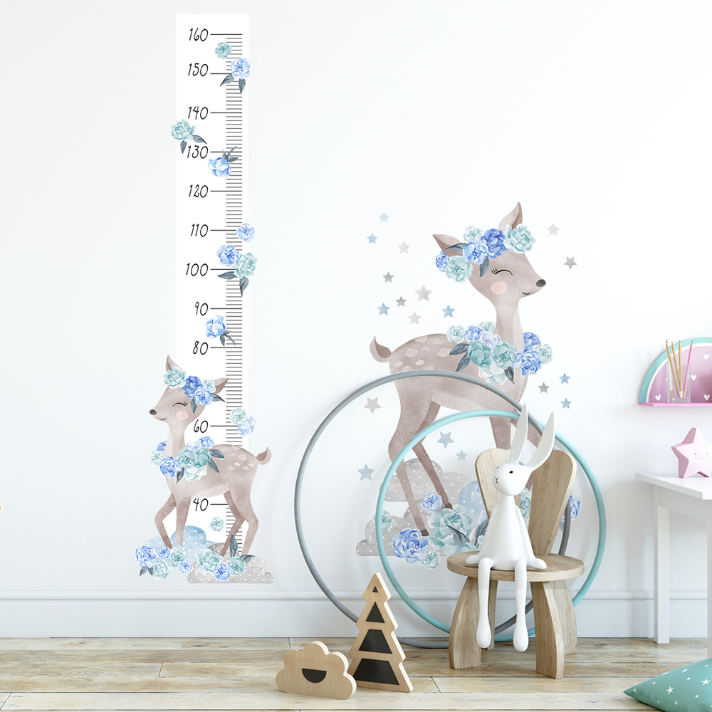 Wandaufkleber Motiv blaue Reh Kindermesslatte