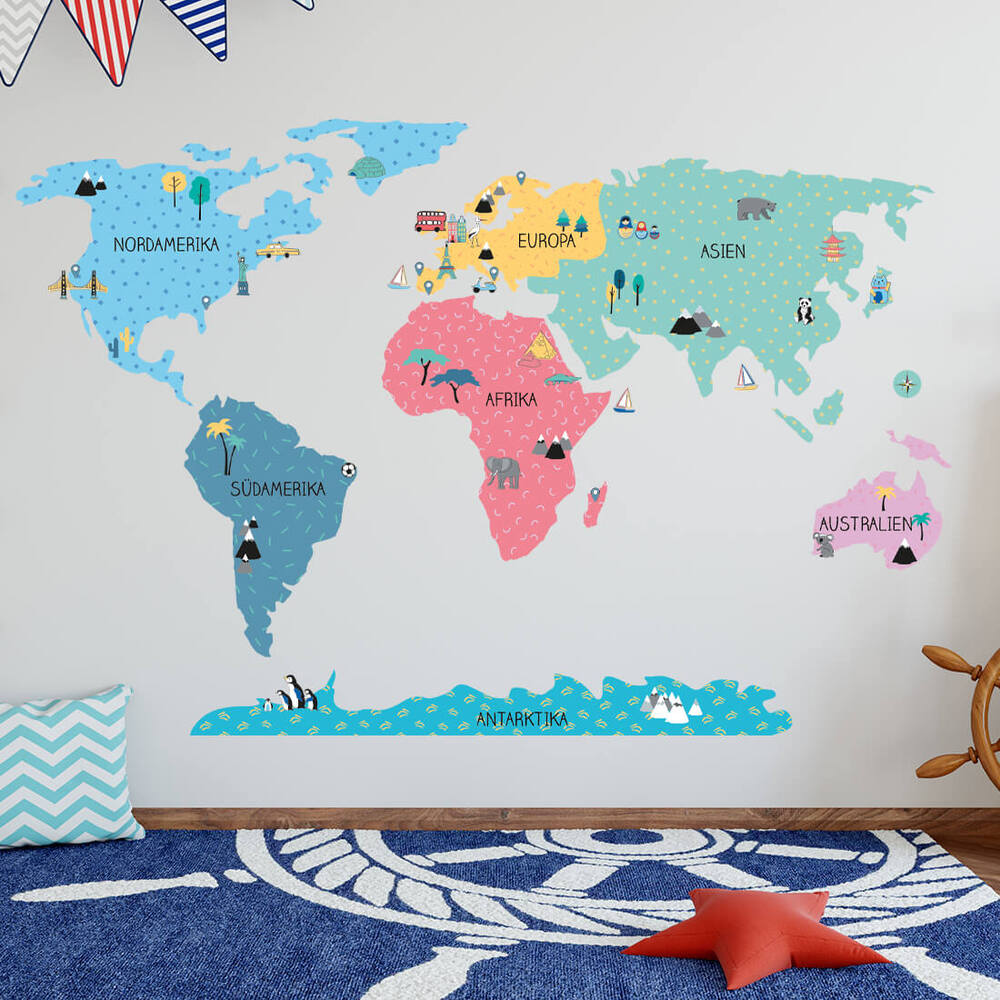 Wanddekoration bunte beschriftete Weltkarte beschriftete bunte Weltkarte Wandtattoo in Kinderzimmer