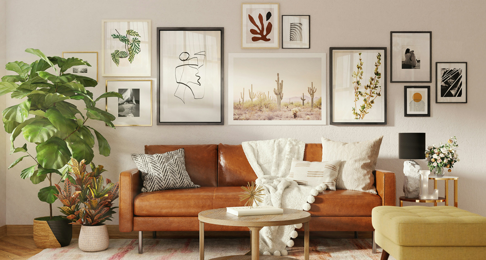 Bilderrahmen Collage im Wohnzimmer Bilderwand über Sofa