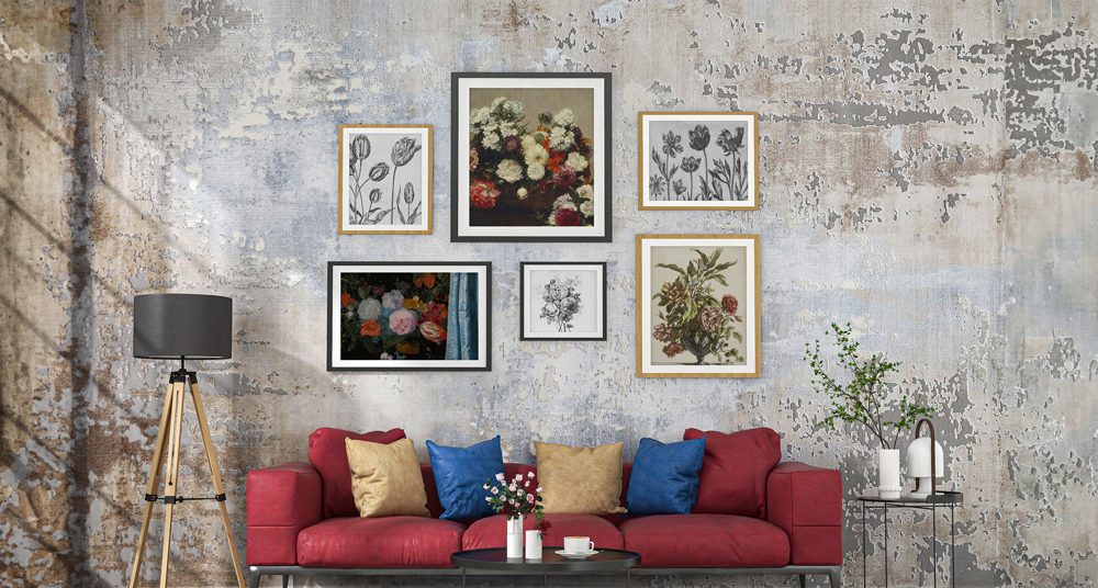 Bilderrahmencollage über dem Sofa Collage aus Bildern, Rahmen und Passepartouts