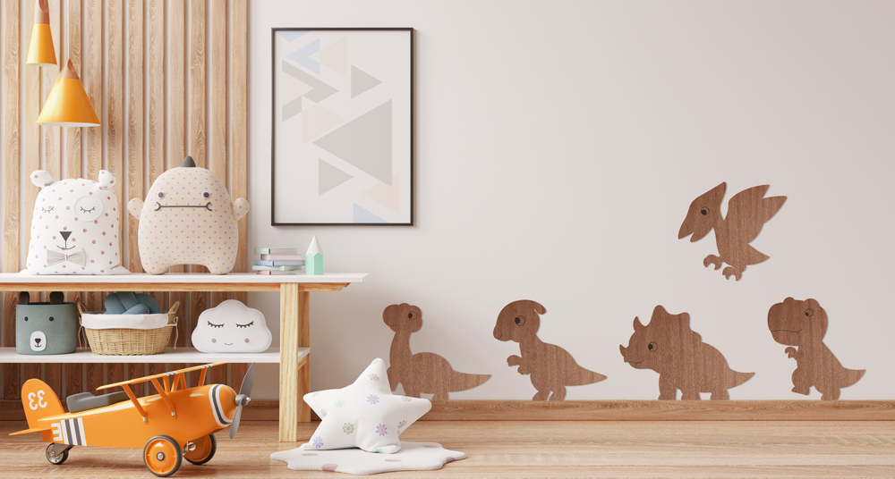 Dinosaurier Wanddeko aus Holz Kinderzimmer dekoriert mit Holzdeko