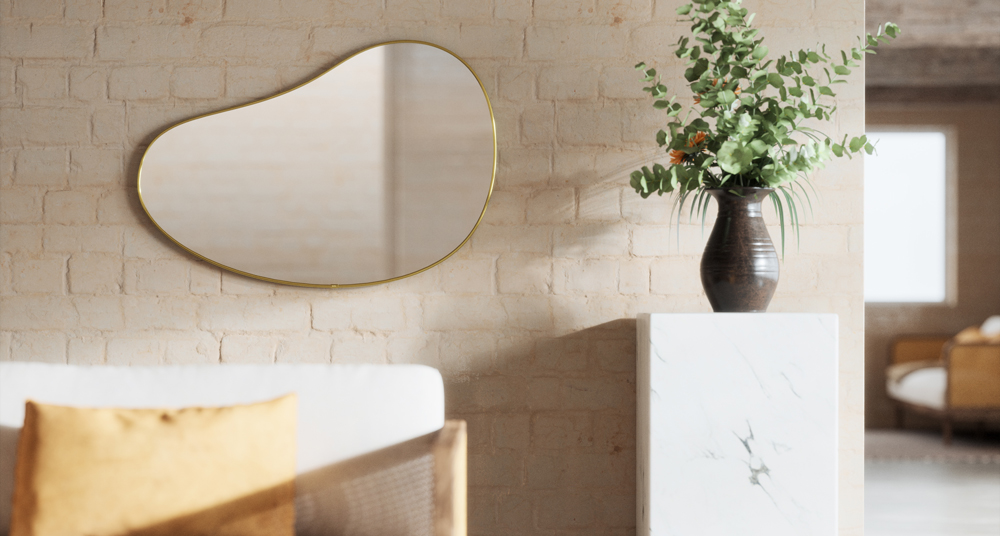 moderner Wandspiegel in Gold tropfenförmiger Goldspiegel in Wohnzimmer