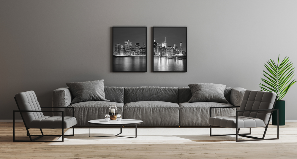 schwarze Holzbilderrahmen über Sofa modernes Wohnzimmer mit dunklen Rahmen