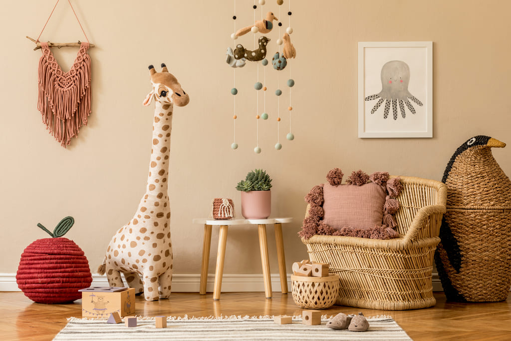 Kinderzimmer im skandinavischen Stil in der Wandfarbe Orange orange gestrichenes Kinderzimmer mit vielen Dekoartikeln