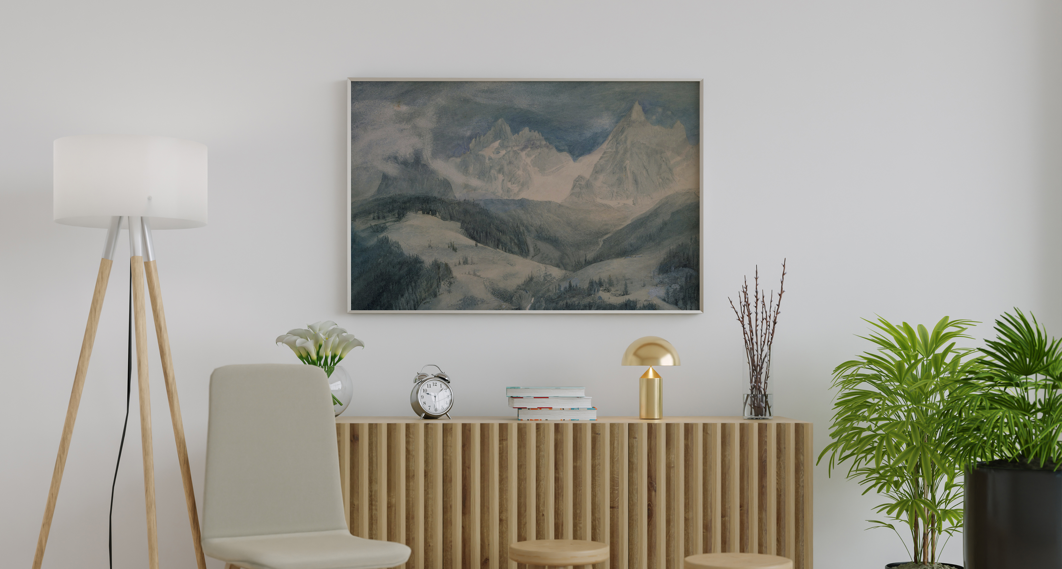 Bild mit weißem 50x70 Rahmen Bild von Berglandschaft eingerahmt